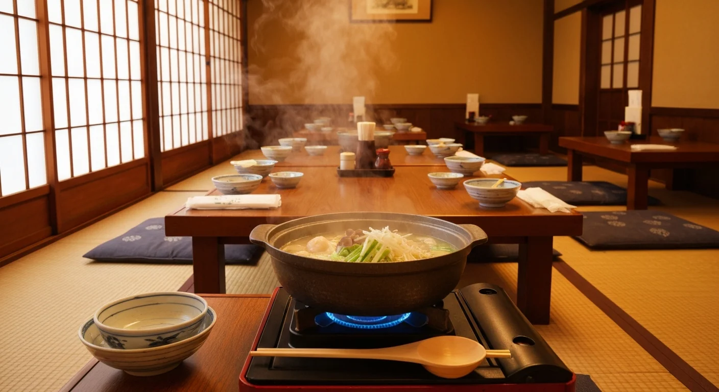 卓上の土鍋に盛られたすっぽん鍋を斜め上から写し、澄んだスープと具材が見える料理写真