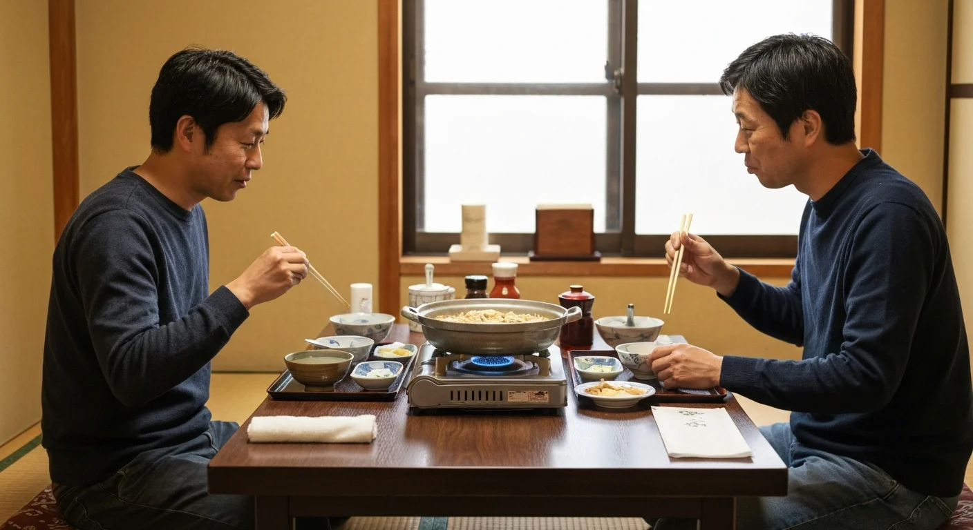 和室の座卓で料理を囲む会食の様子、卓上に鍋と小鉢が並ぶ場面